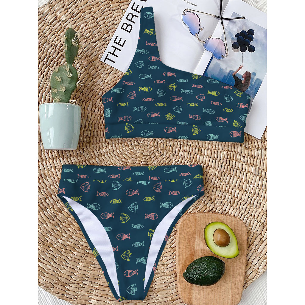 Cute Fish Pattern Print One Shoulder Bikini Top