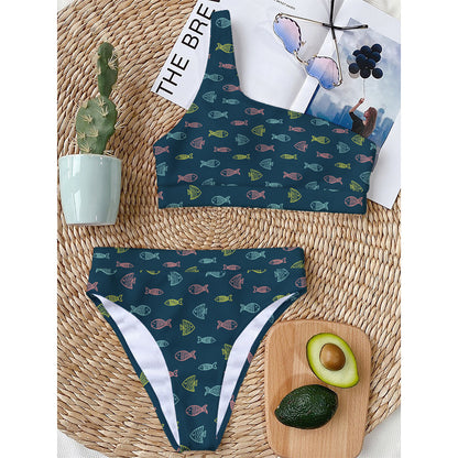 Cute Fish Pattern Print One Shoulder Bikini Top