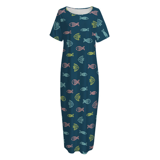 Cute Fish Pattern Print Short Sleeve Long Nightdress