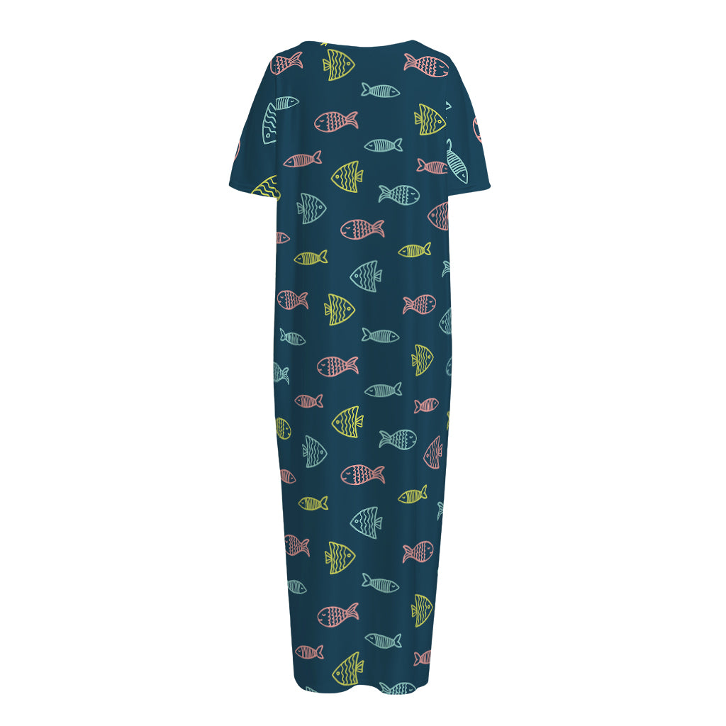 Cute Fish Pattern Print Short Sleeve Long Nightdress