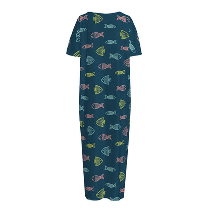 Cute Fish Pattern Print Short Sleeve Long Nightdress