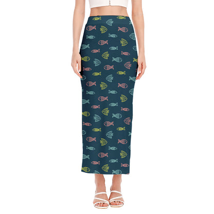 Cute Fish Pattern Print Side Slit Maxi Skirt