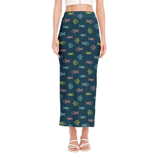 Cute Fish Pattern Print Side Slit Maxi Skirt