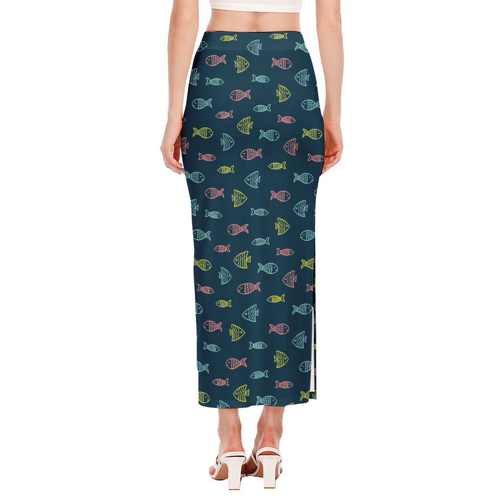 Cute Fish Pattern Print Side Slit Maxi Skirt