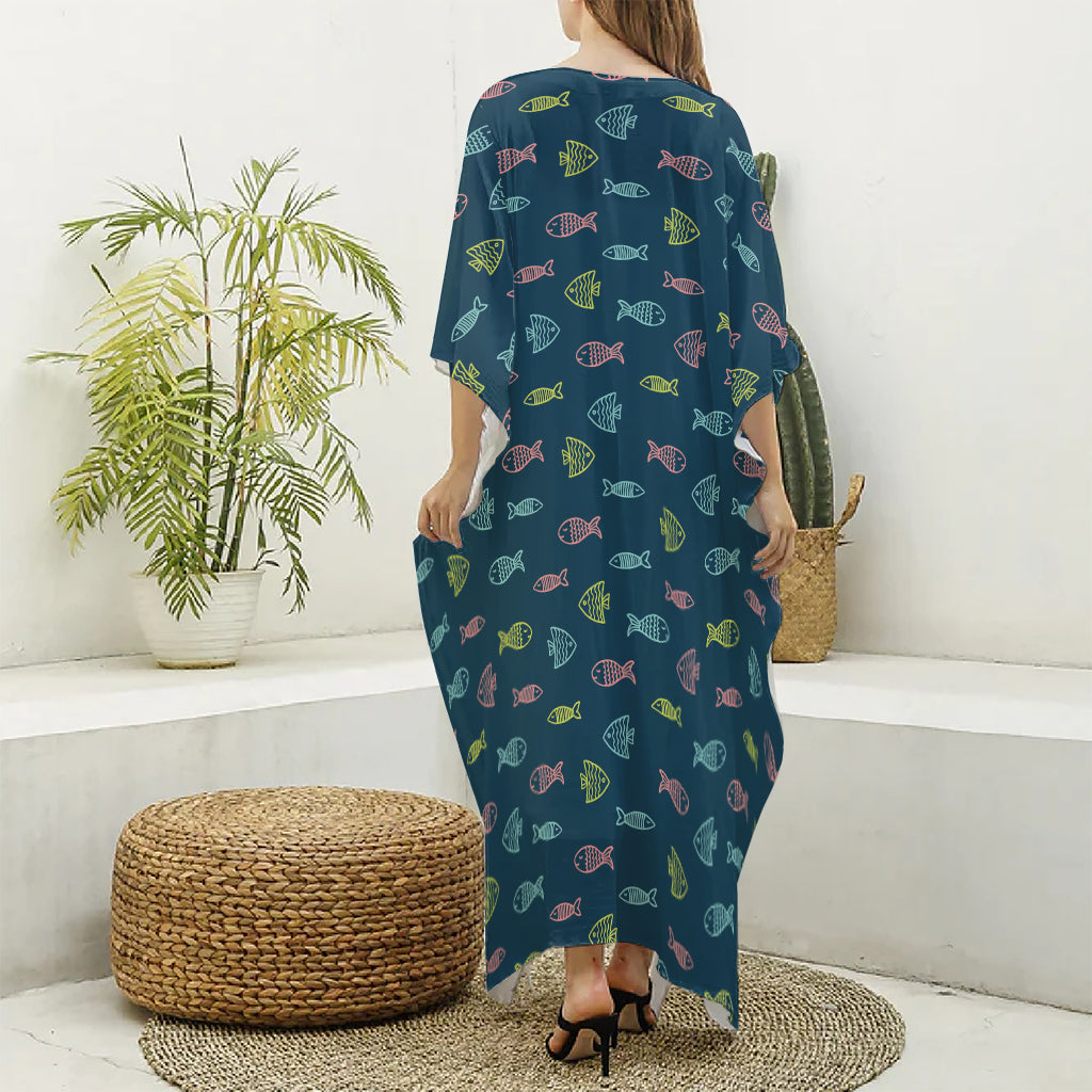 Cute Fish Pattern Print Silk V-Neck Kaftan Dress