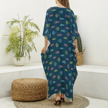 Cute Fish Pattern Print Silk V-Neck Kaftan Dress