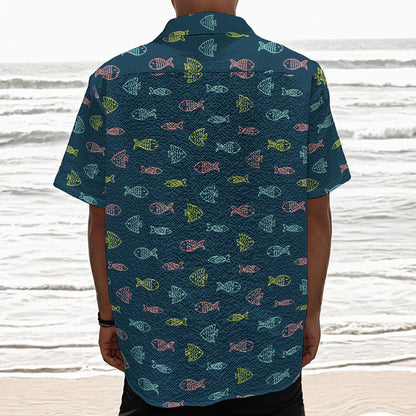 Cute Fish Pattern Print Textured Short Sleeve Shirt