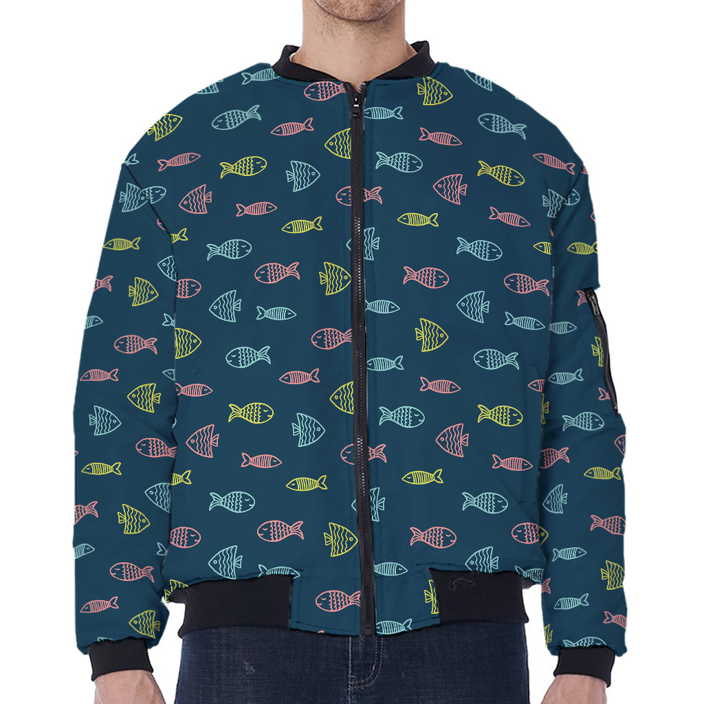 Cute Fish Pattern Print Zip Sleeve Bomber Jacket