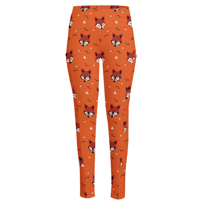 Cute Fox Pattern Print High-Waisted Pocket Leggings