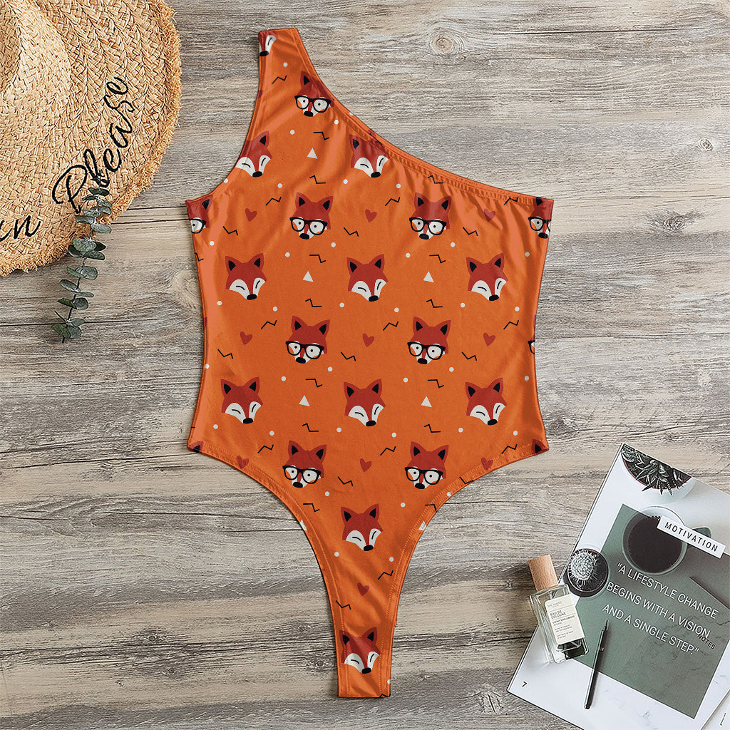 Cute Fox Pattern Print One Shoulder Bodysuit