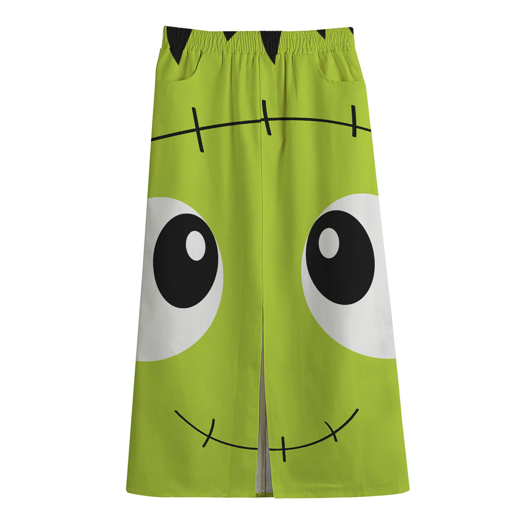 Cute Frankenstein Face Print Cotton Front Slit Maxi Skirt