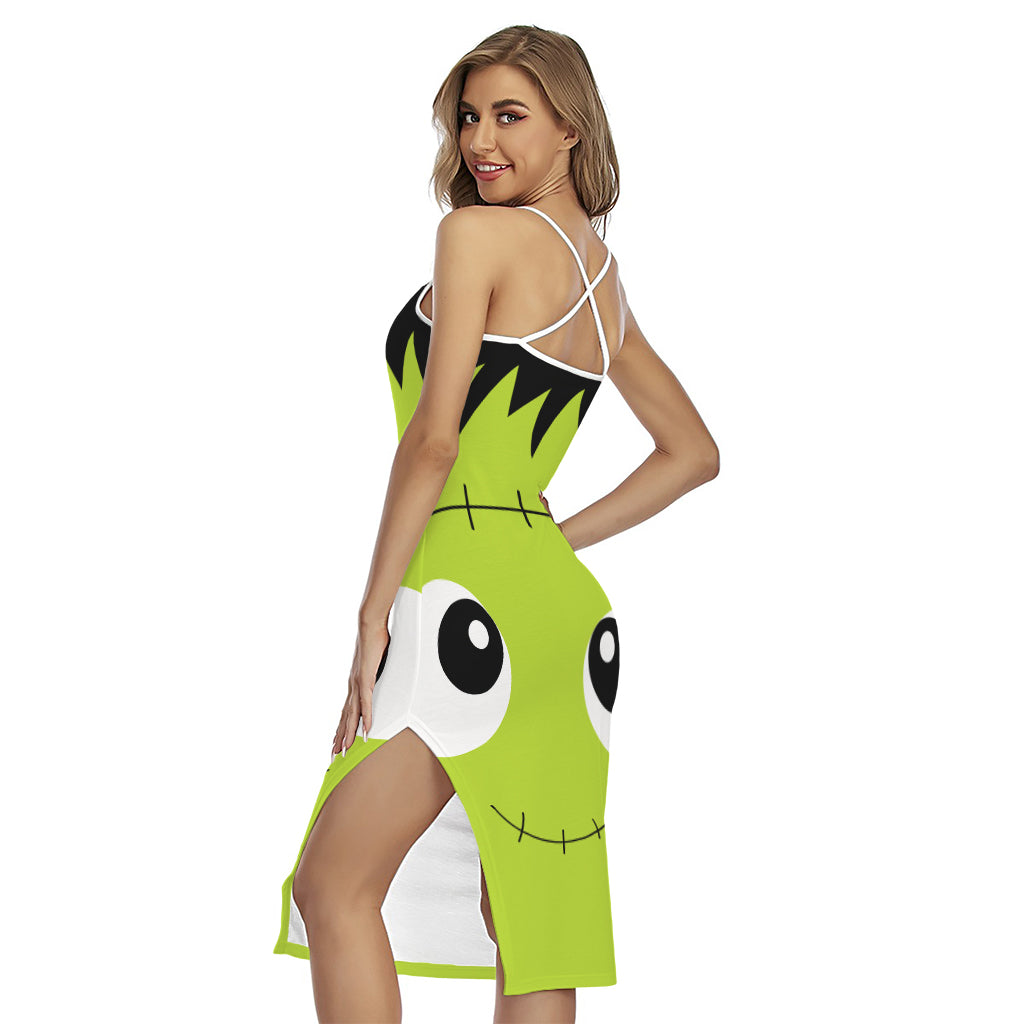 Cute Frankenstein Face Print Cross Back Cami Dress