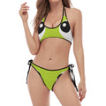 Cute Frankenstein Face Print Halter Scoop Tie Side Bikini