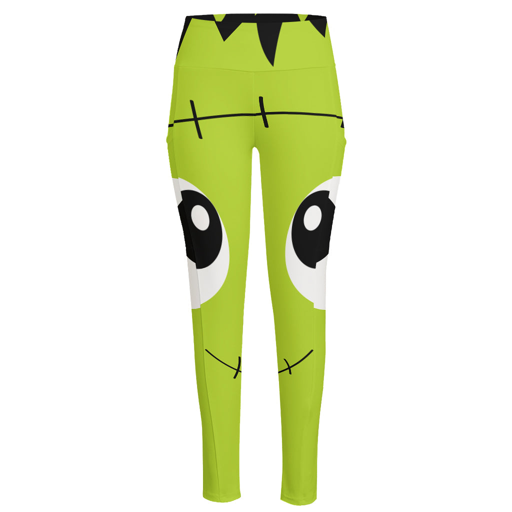 Cute Frankenstein Face Print High-Waisted Pocket Leggings