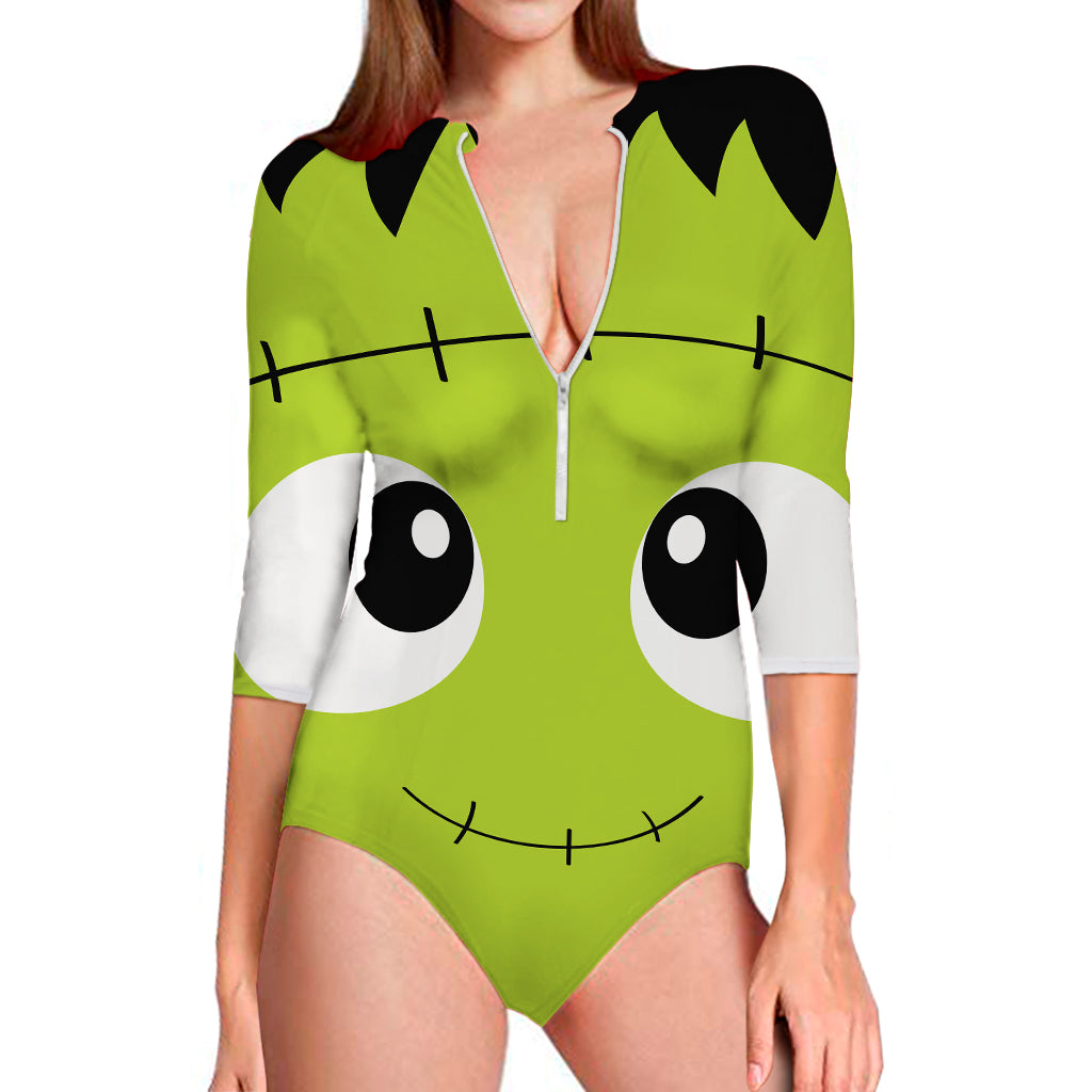 Cute Frankenstein Face Print Long Sleeve Swimsuit
