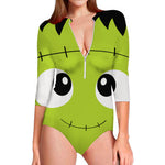 Cute Frankenstein Face Print Long Sleeve Swimsuit