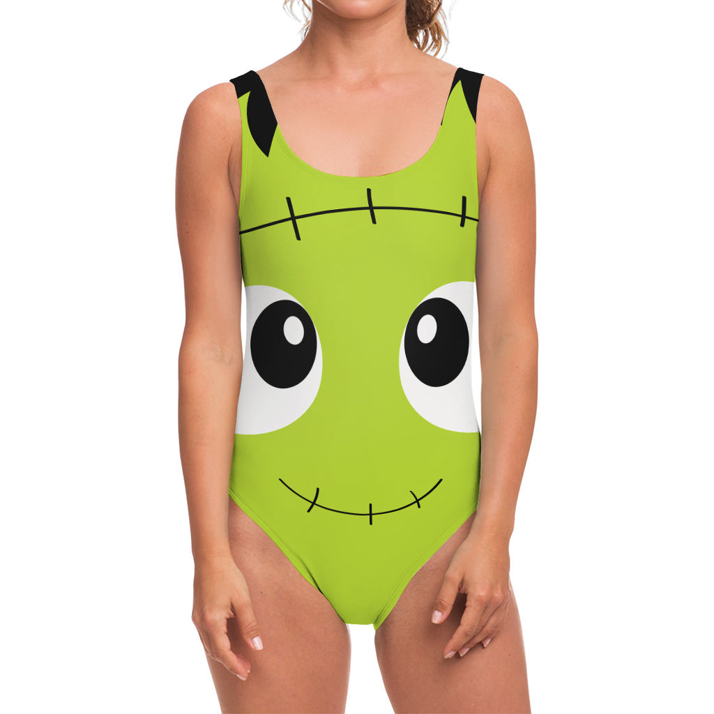 Cute Frankenstein Face Print One Piece Swimsuit
