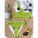 Cute Frankenstein Face Print One Shoulder Bikini Top