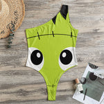 Cute Frankenstein Face Print One Shoulder Bodysuit