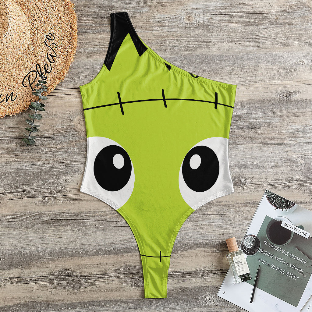 Cute Frankenstein Face Print One Shoulder Bodysuit