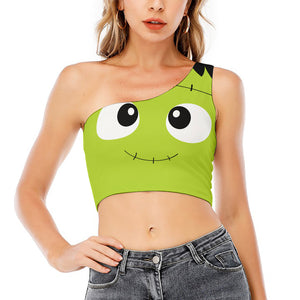 Cute Frankenstein Face Print One Shoulder Crop Top