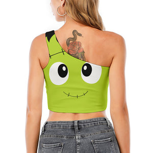 Cute Frankenstein Face Print One Shoulder Crop Top