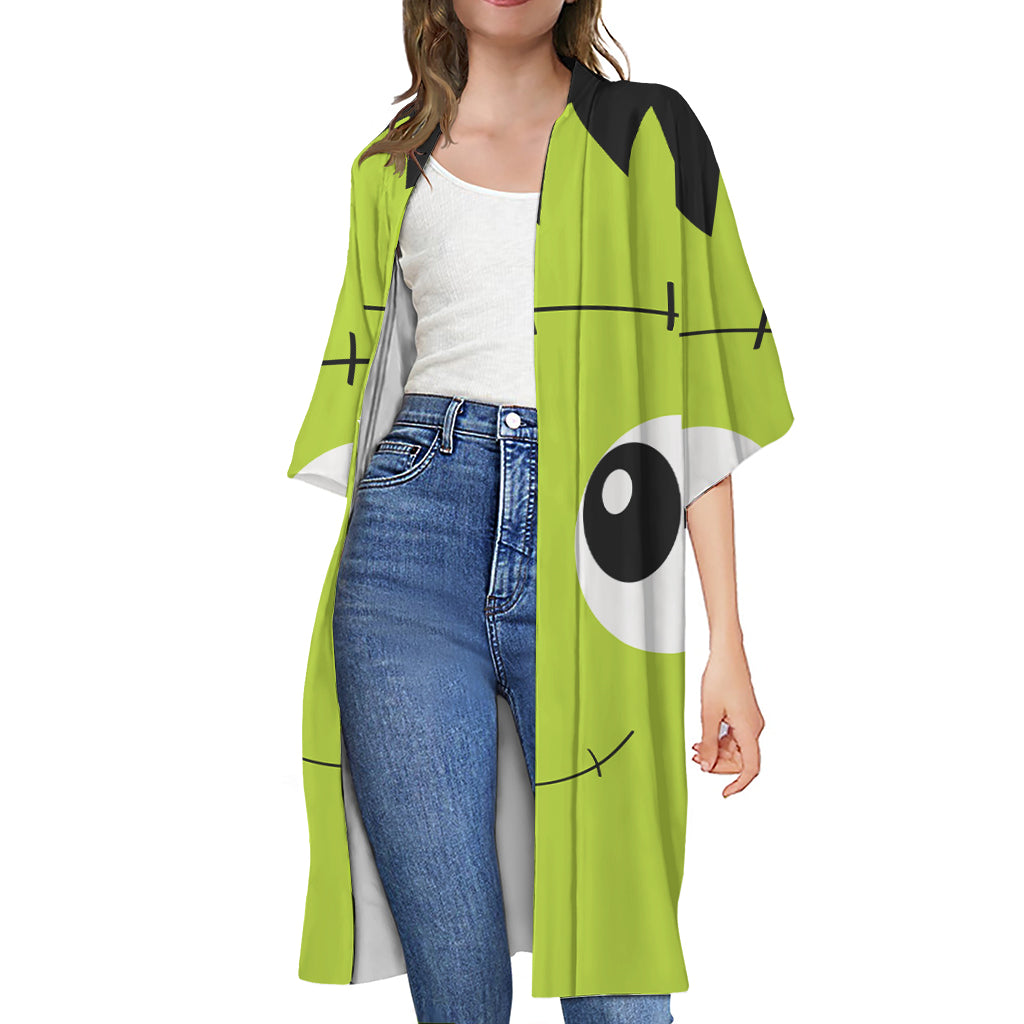 Cute Frankenstein Face Print Open Front Beach Cover Up