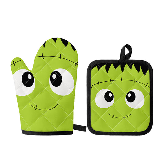 Cute Frankenstein Face Print Oven Mitt And Pot Holder Set