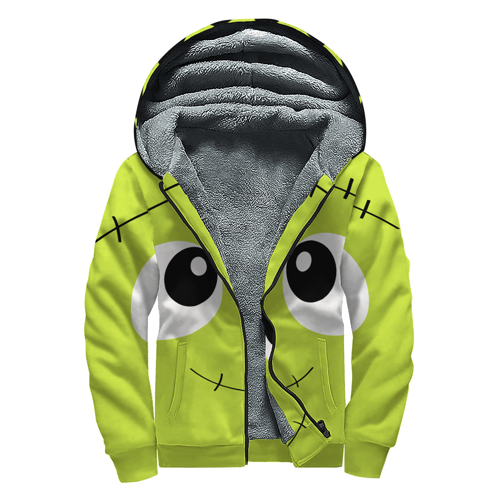 Cute Frankenstein Face Print Sherpa Lined Zip Up Hoodie