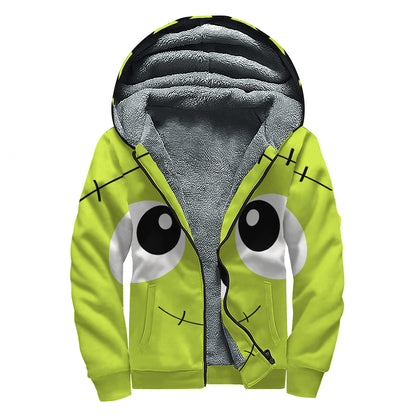 Cute Frankenstein Face Print Sherpa Lined Zip Up Hoodie
