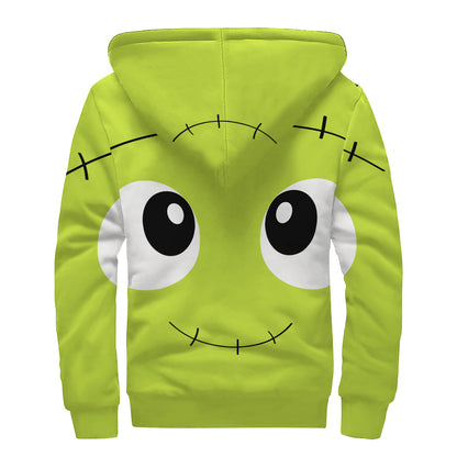 Cute Frankenstein Face Print Sherpa Lined Zip Up Hoodie