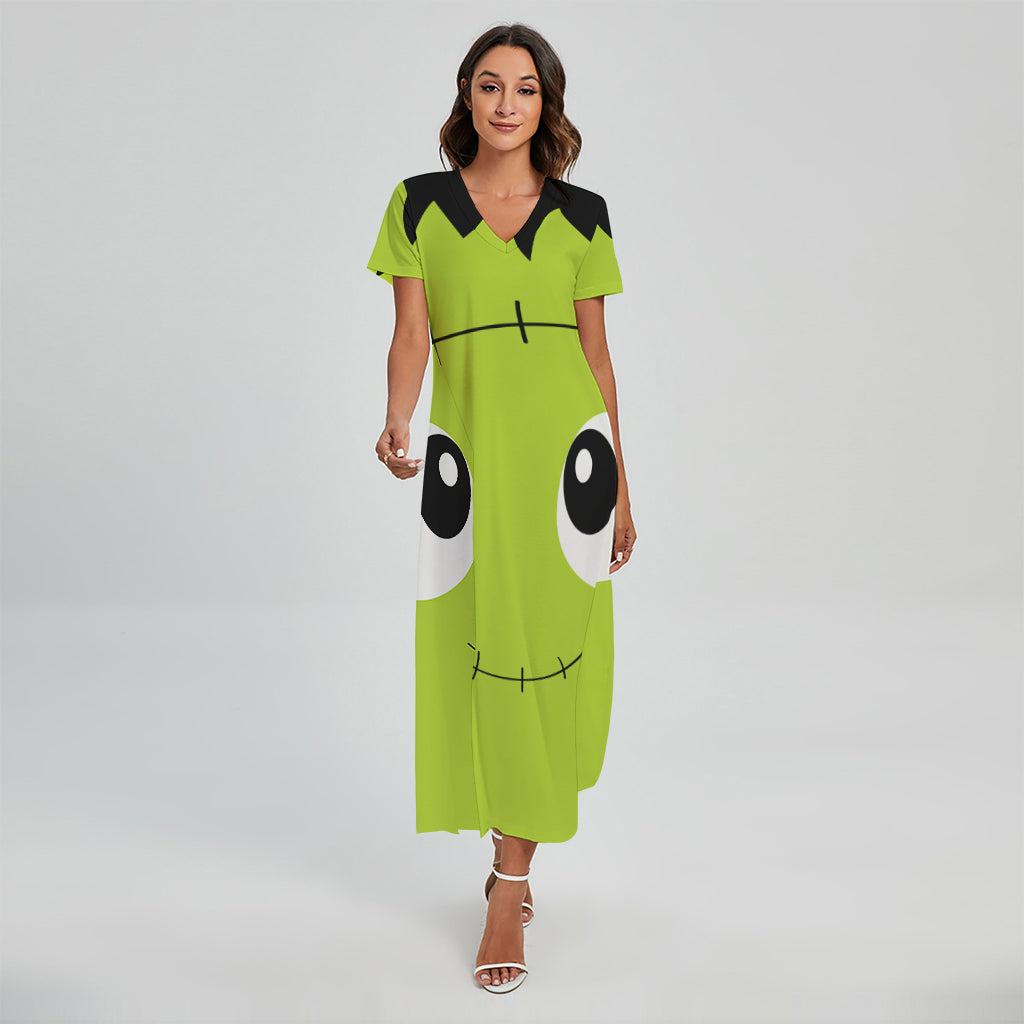 Cute Frankenstein Face Print Short Sleeve Maxi Dress