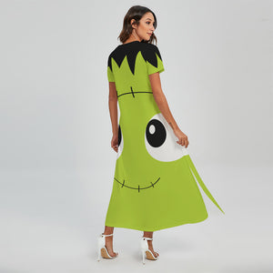 Cute Frankenstein Face Print Short Sleeve Maxi Dress