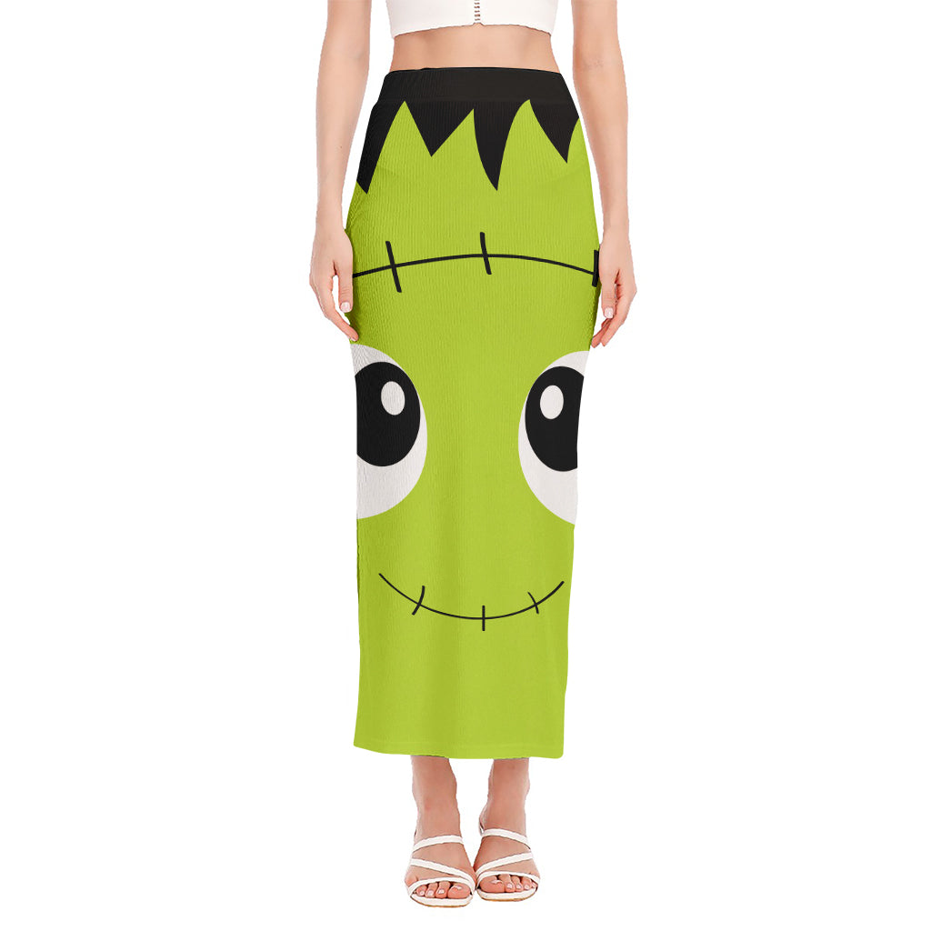 Cute Frankenstein Face Print Side Slit Maxi Skirt