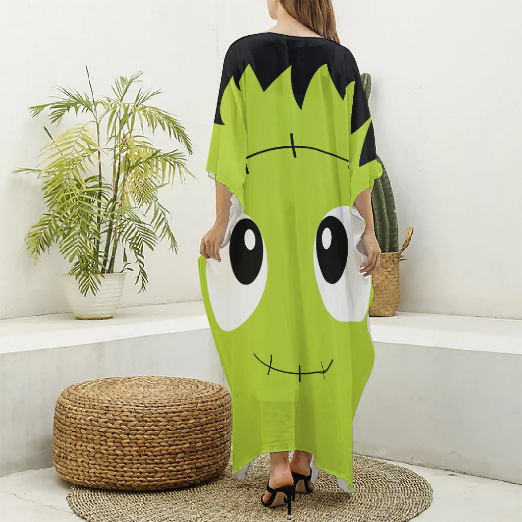 Cute Frankenstein Face Print Silk V-Neck Kaftan Dress