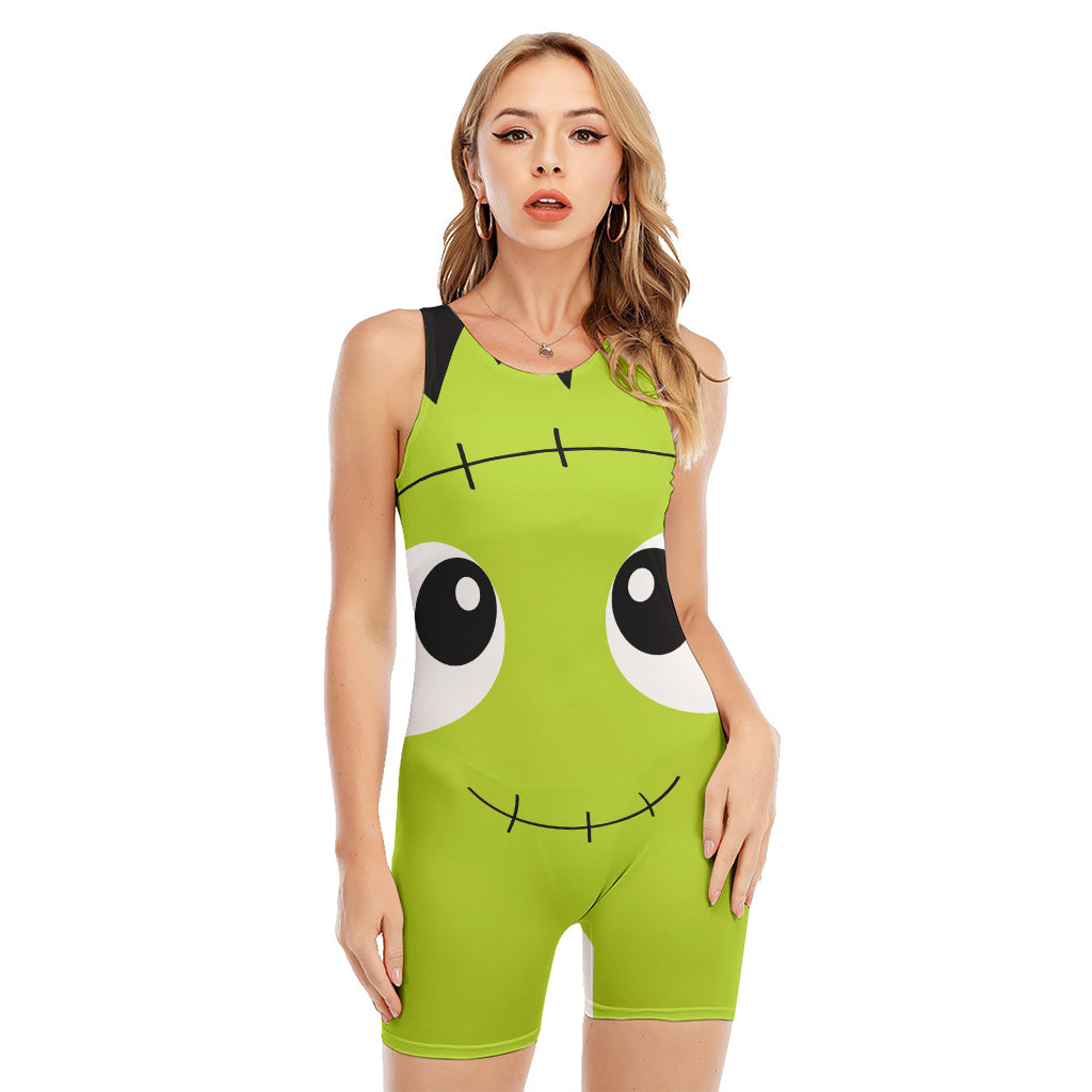 Cute Frankenstein Face Print Sleeveless One Piece Swimsuit