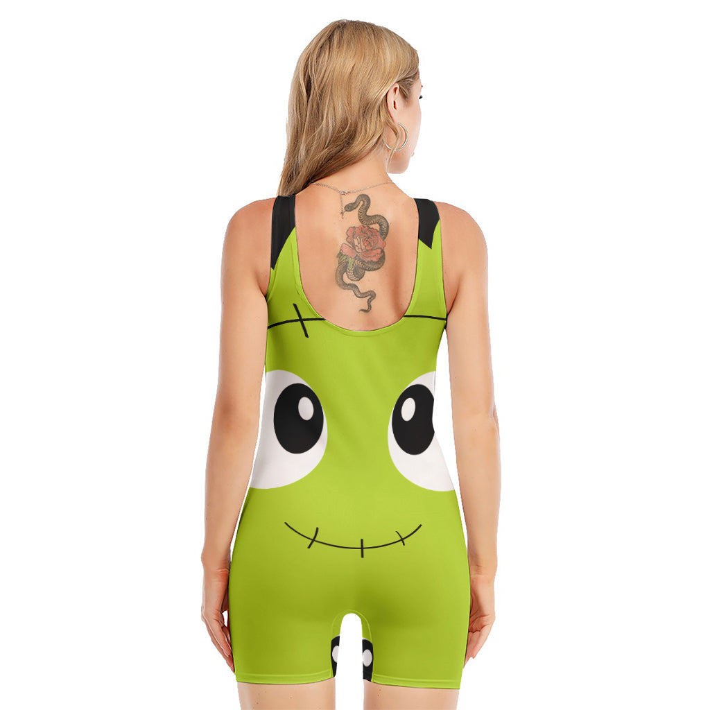 Cute Frankenstein Face Print Sleeveless One Piece Swimsuit