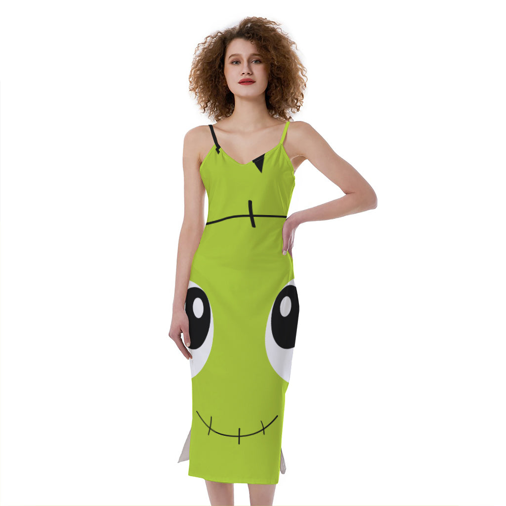 Cute Frankenstein Face Print Slim Fit Midi Cami Dress