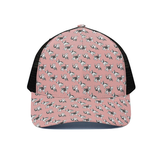 Cute French Bulldog Puppy Pattern Print Black Mesh Trucker Cap