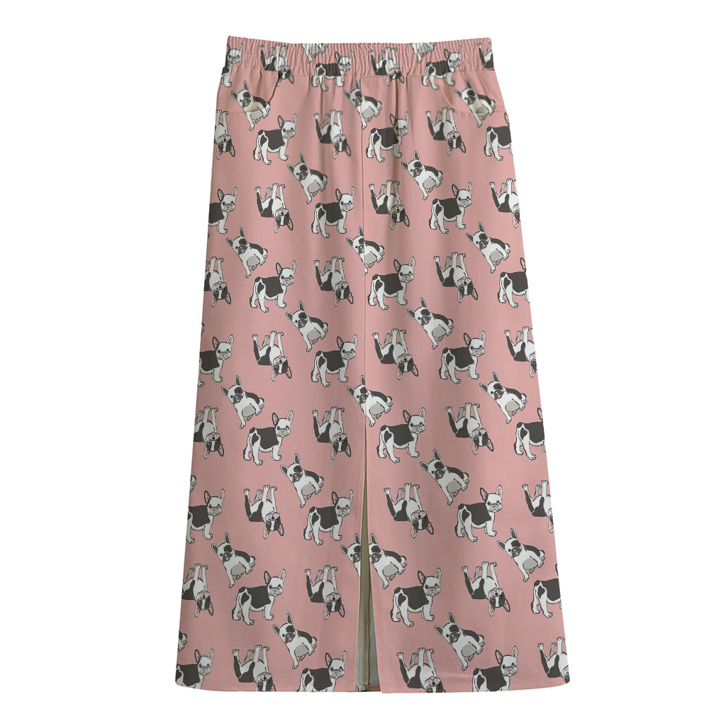 Cute French Bulldog Puppy Pattern Print Cotton Front Slit Maxi Skirt