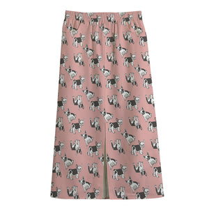 Cute French Bulldog Puppy Pattern Print Cotton Front Slit Maxi Skirt