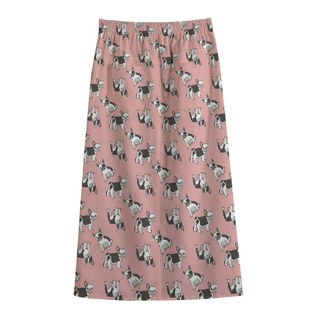 Cute French Bulldog Puppy Pattern Print Cotton Front Slit Maxi Skirt