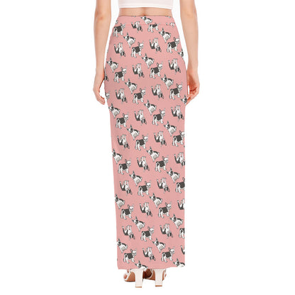 Cute French Bulldog Puppy Pattern Print High Slit Maxi Skirt