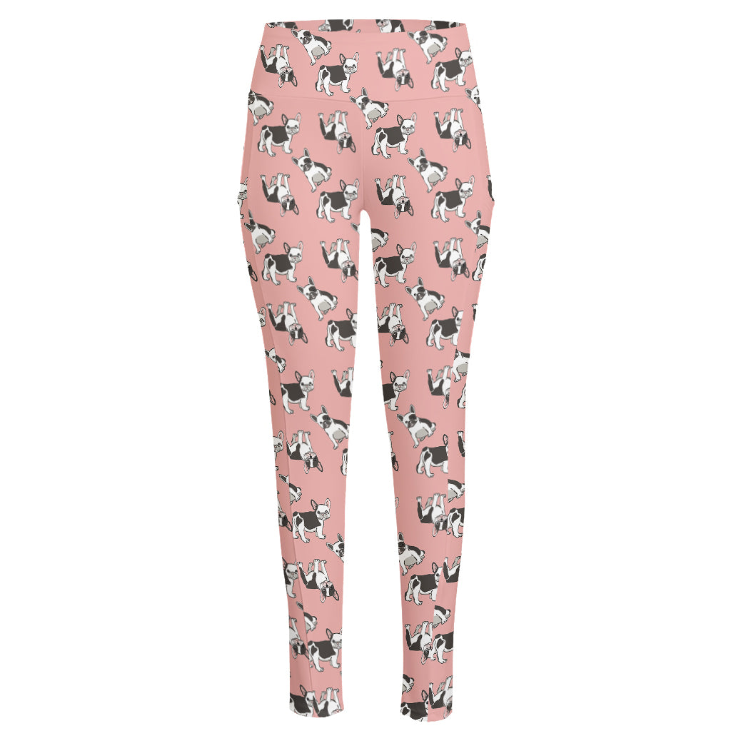 Cute French Bulldog Puppy Pattern Print High-Waisted Pocket Leggings