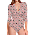 Cute French Bulldog Puppy Pattern Print Long Sleeve Swimsuit