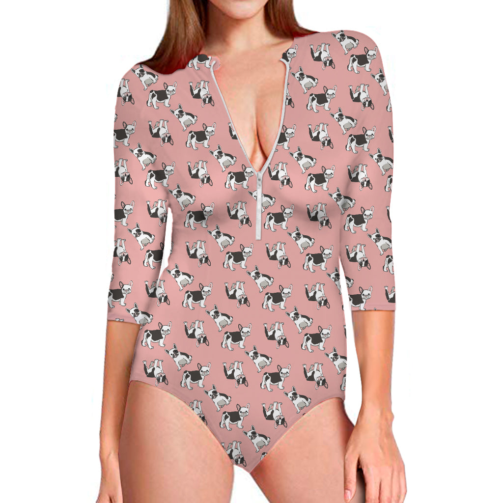 Cute French Bulldog Puppy Pattern Print Long Sleeve Swimsuit