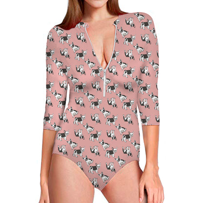 Cute French Bulldog Puppy Pattern Print Long Sleeve Swimsuit