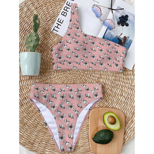 Cute French Bulldog Puppy Pattern Print One Shoulder Bikini Top