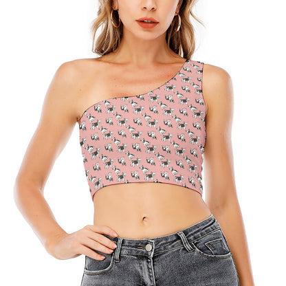 Cute French Bulldog Puppy Pattern Print One Shoulder Crop Top