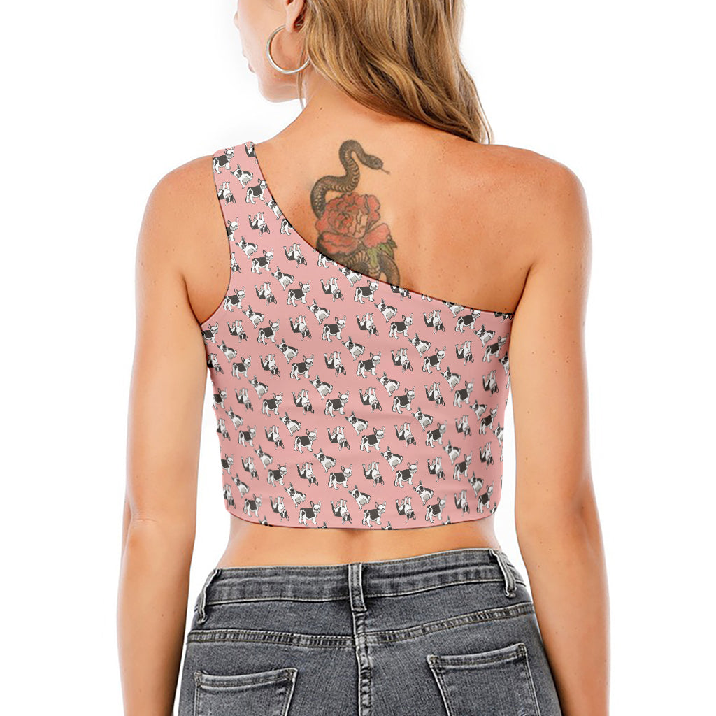 Cute French Bulldog Puppy Pattern Print One Shoulder Crop Top
